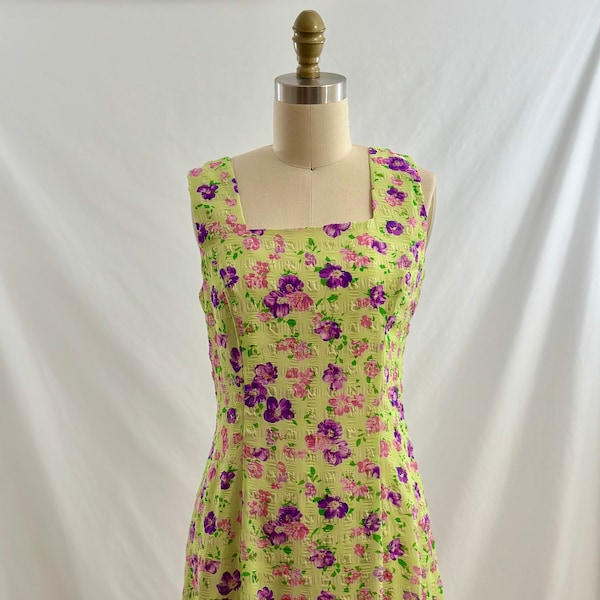 Vintage 90's Pale Green Floral Print Dress Colorful Sleeveless Lace Up Back Summer Dress  Small