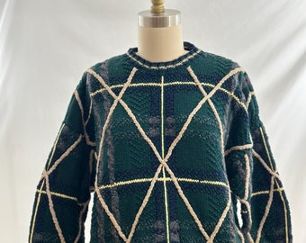 Vintage 90s Nautica Hand Knit Plaid Sweater - Crew Neck Medium