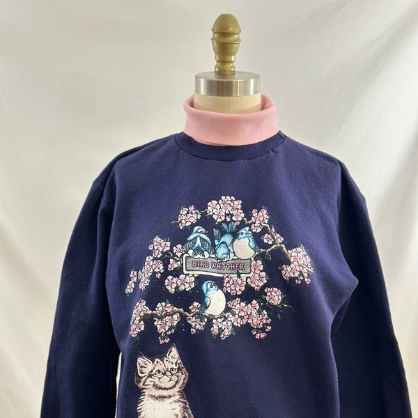 Vintage 80s Bird Themed Graphic Grandma Sweater Turtleneck Sweatshirt Pullover Medium