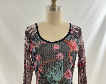Y2K Custo Barcelona Long Sleeve Top 90s Sheer Graphic Print Shirt Cyber Grunge Tattoo Aesthetic Vintage Inspired Layering Tee