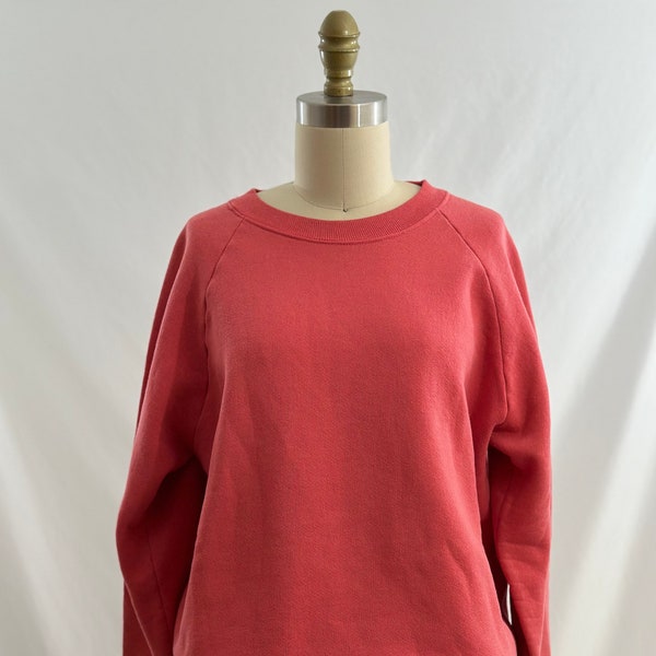 Vintage 80s Fruit of the Loom Distressed Salmon Pink Blank Sweatshirt Vintage Minimalist Crewneck Sweatshirt Large