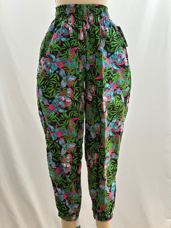 Vintage 80s 90s Jungle Print Floral Pants Elastic High Waisted Trousers 26  Waist 
