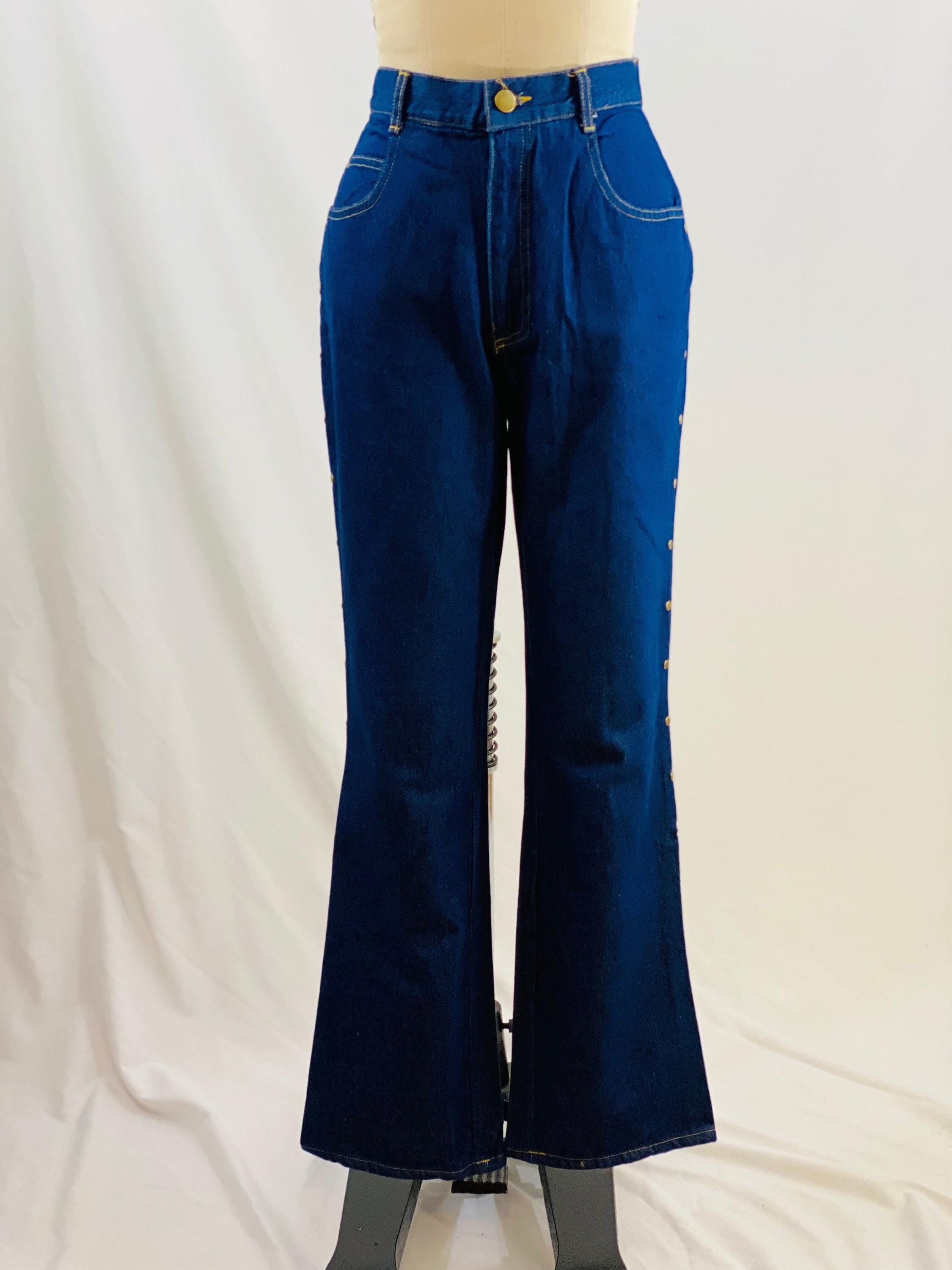 Vintage 70s High Waisted Flared Jeans Cotton Dark Wash Denim Jeans 27 Waist  -  Singapore