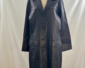 Vintage 90s Jones New York Black Leather Trench Coat