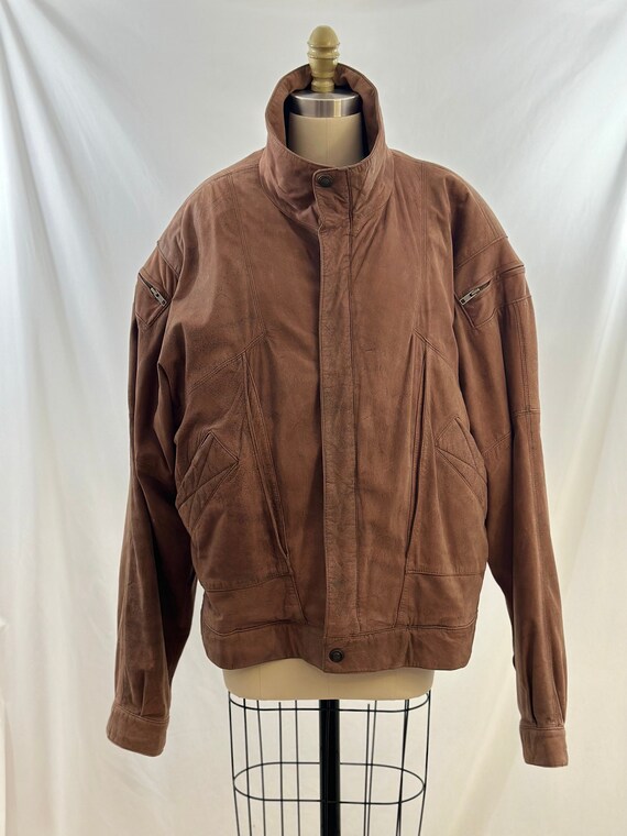 Vintage 80s Brown Leather Oversized Bomber Jacket 