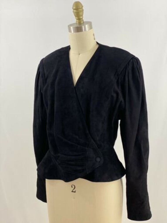 Vintage 80s Black Cropped Suede Leather Jacket Wo… - image 3