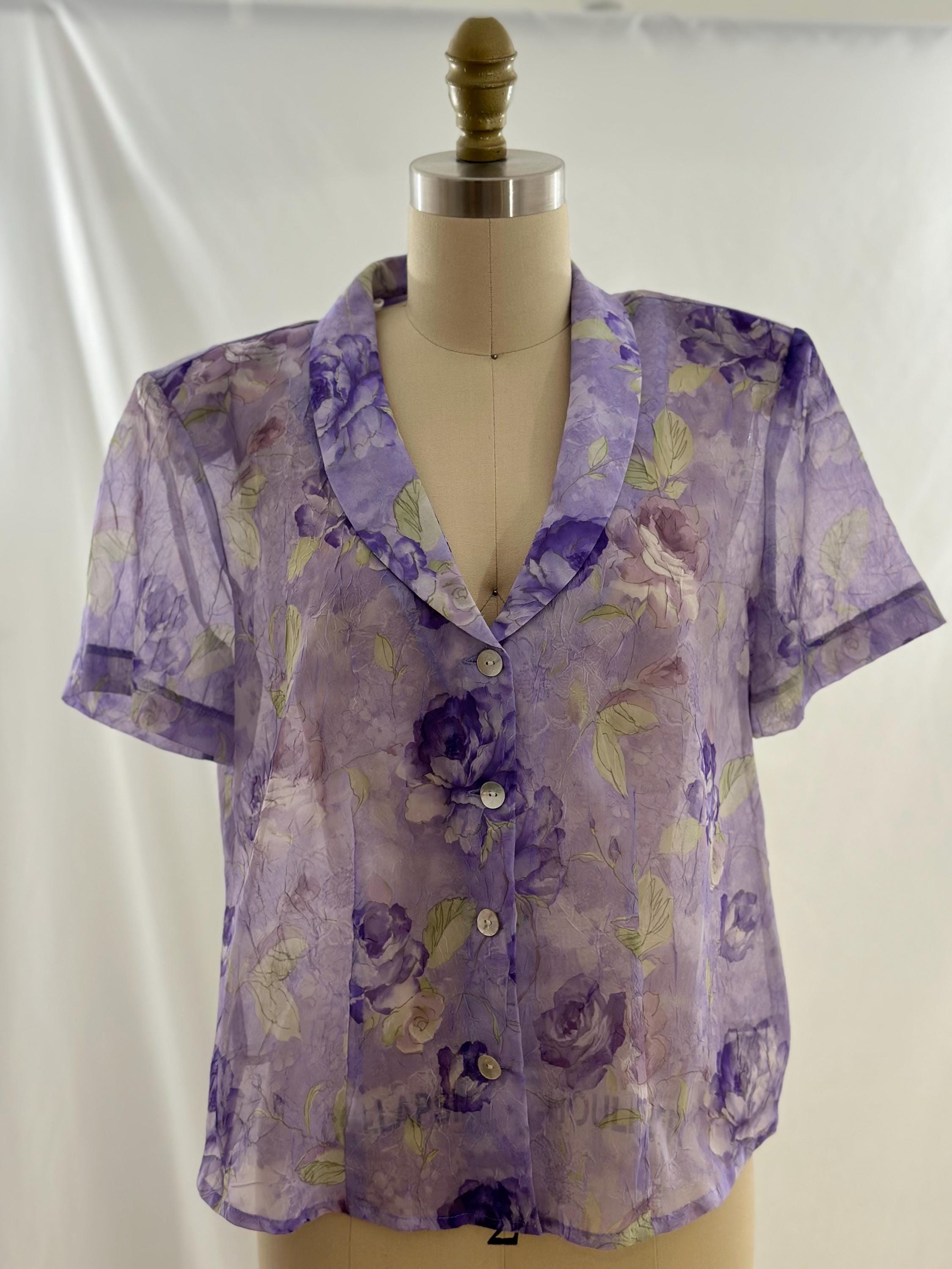 Vintage 90s Sheer Purple Floral Button Up Blouse Short Sleeve Lightweight Shirt Cottagecore Aesthetic Romantic Summer Top Medium