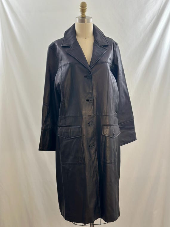 Vintage 90s Jones New York Black Leather Trench Coat Black