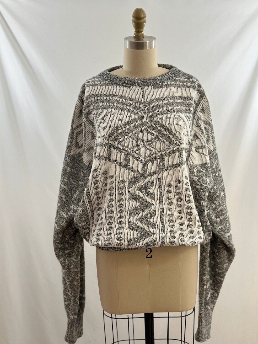 80's/90's Gray Geometric Patterned Cashmere Sweater by William Kasper California