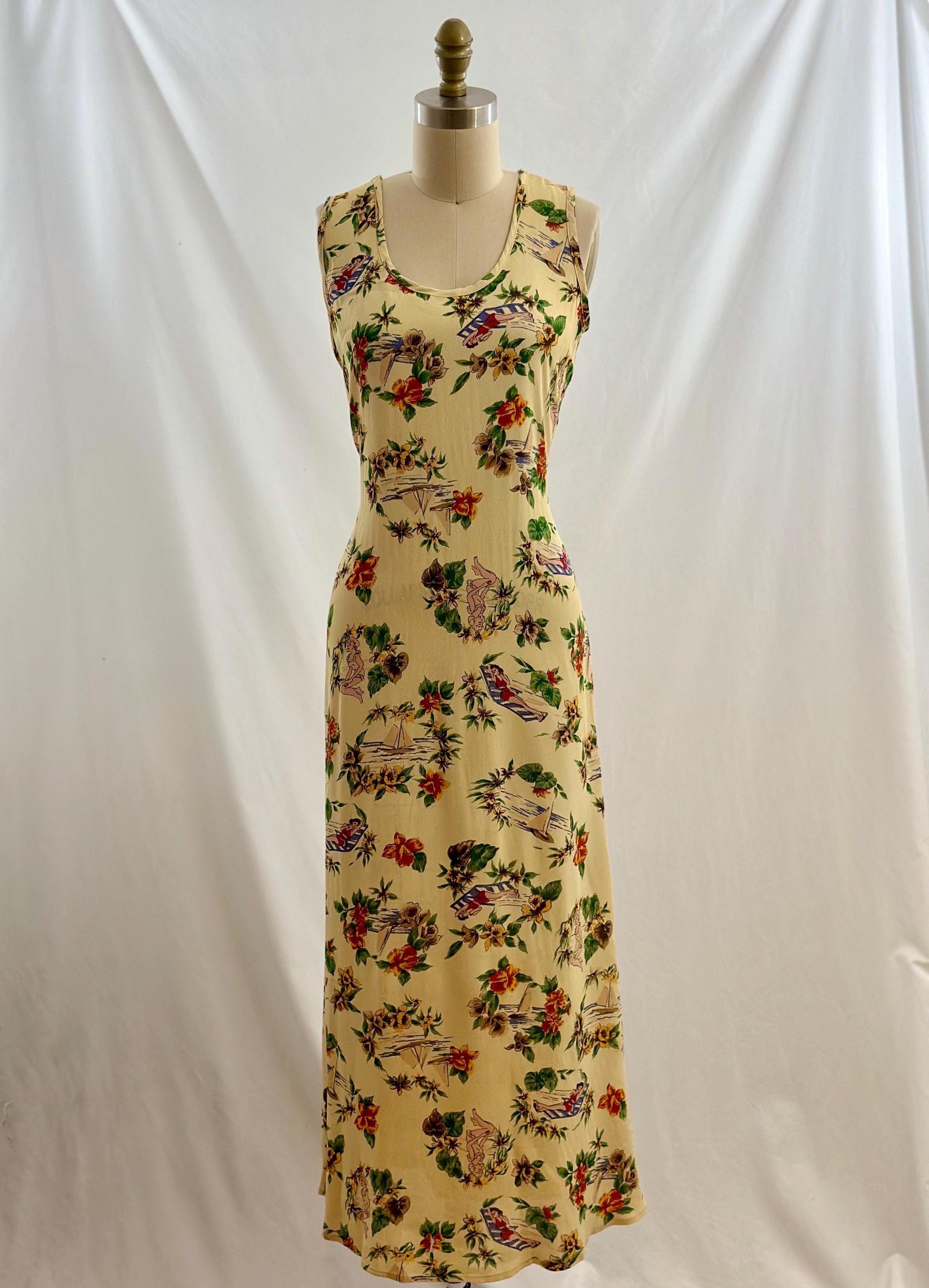 Vintage 90s Citron Santa Monica Yellow Floral Pinup Girl Tank Sundress Long Floral Maxi Dress Small
