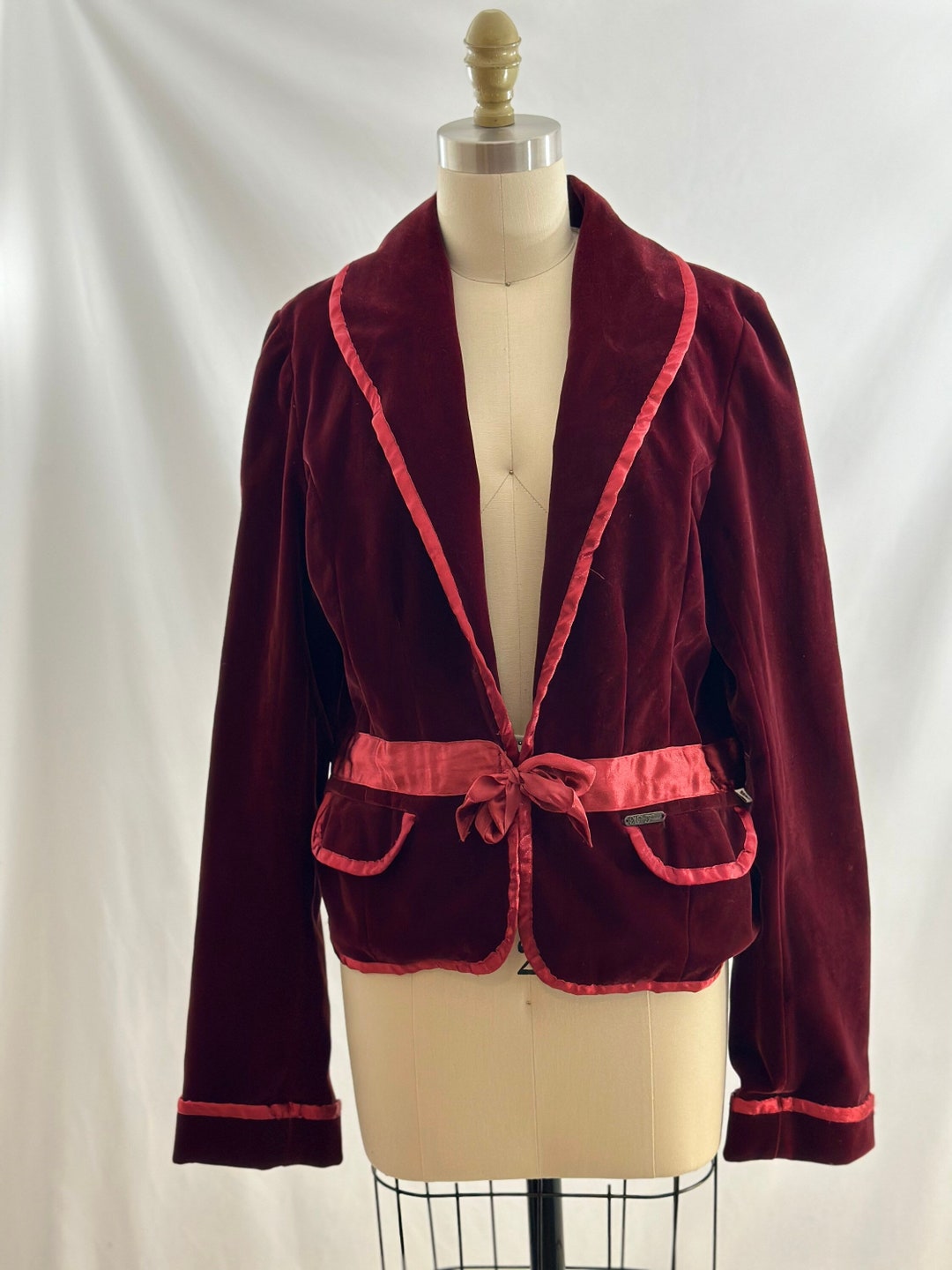 Vintage 90s Red Burgundy Velvet Blazer Tie Front Satin Trim Velvet ...