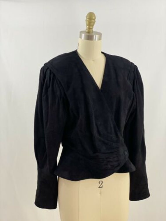 Vintage 80s Black Cropped Suede Leather Jacket Wo… - image 2