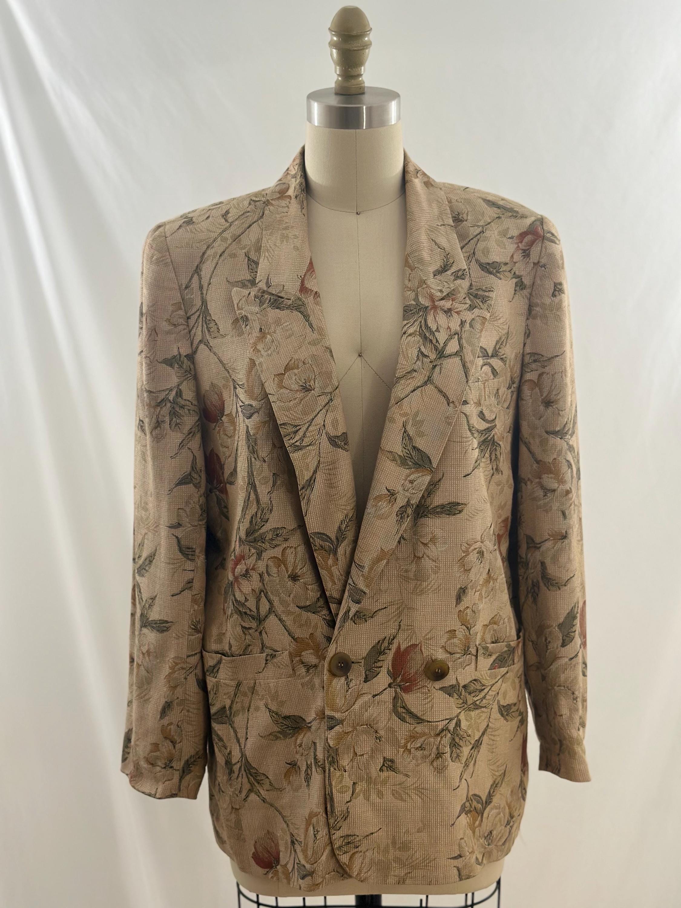 Vintage 90s Beige Liz Wear Floral Linen Blazer Garden Print Jacket