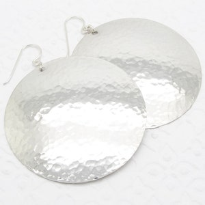 Extra Large Disc Earrings in Hammered Sterling Silver in 2 Inch Diameter Size French Hook Earwire