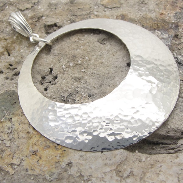 Extra Large Disc Pendant with Peephole in Hammered Sterling Silver in 2 Inch Diameter Size with Bail and No Chain