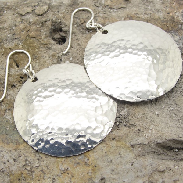 ML Hammered Sterling Silver Disc Earrings in the 1-1/4 Inch Medium Large Size