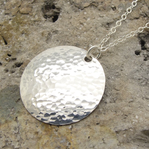 Medium Sterling Silver Hammered Disc Necklace with 1 Inch Disk and Cable Chain in Choice of Length in 925