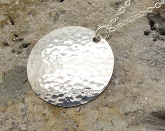 Medium Sterling Silver Hammered Disc Necklace with 1 Inch Disk and Cable Chain in Choice of Length in 925