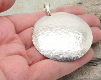 Extra Large Disc Pendant in Hammered Sterling Silver in 2 Inch Diameter Size and 2-3/4" Length with Bail and No Chain