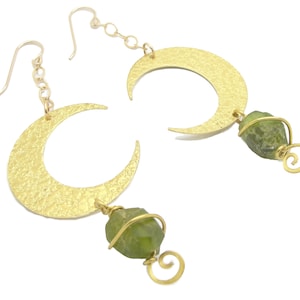 Crescent Half Moon Earrings with Brass Half-moon and Rough Cut Peridot Gemstone in 3 1/4 Inch Length