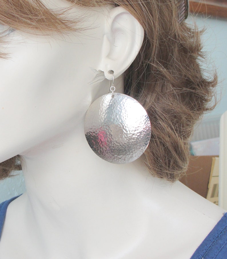 Extra Large Disc Earrings in Hammered Sterling Silver in 2 Inch Diameter Size image 2