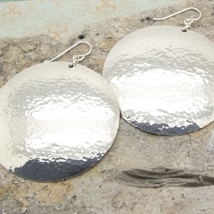 Extra Large Disc Earrings in Hammered Sterling Silver in 2 Inch Diameter Size image 1