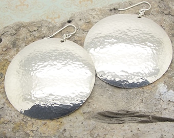 Extra Large Disc Earrings in Hammered Sterling Silver in 2 Inch Diameter Size