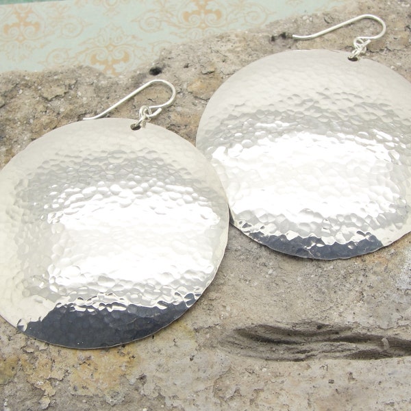 Extra Large Disc Earrings in Hammered Sterling Silver in 2 Inch Diameter Size