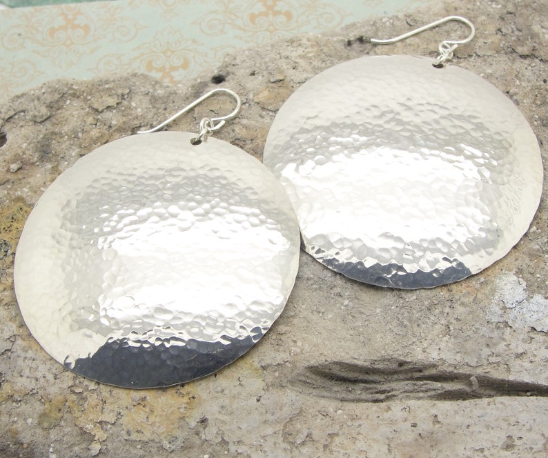 Extra Large Disc Earrings in Hammered Sterling Silver in 2 Inch Diameter Size image 1