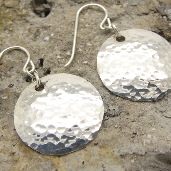 Small Sterling Silver Disk Earrings in 1 1/4 Inch Length with Solid 925 Hammered Discs