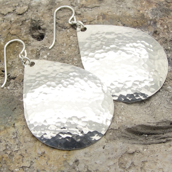 Large Sterling Silver 2 Inch Long Teardrop Earrings in Hammered Finish in Solid 925