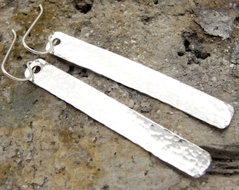 Hammered Rectangle Bar Earrings in Sterling Silver that are 2 and a Quarter Inch Long