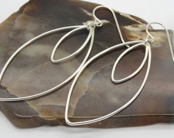 Sterling Silver Pointed Hoop Earrings in Elliptical or Marquise Shape in 2 1/8 Inch Length