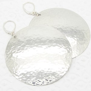 Extra Large Disc Earrings in Hammered Sterling Silver in 2 Inch Diameter Size Leverback Earwire