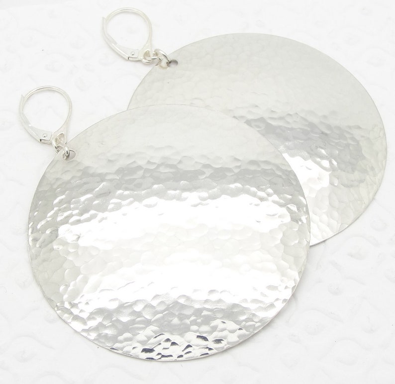 Extra Large Disc Earrings in Hammered Sterling Silver in 2 Inch Diameter Size Leverback Earwire