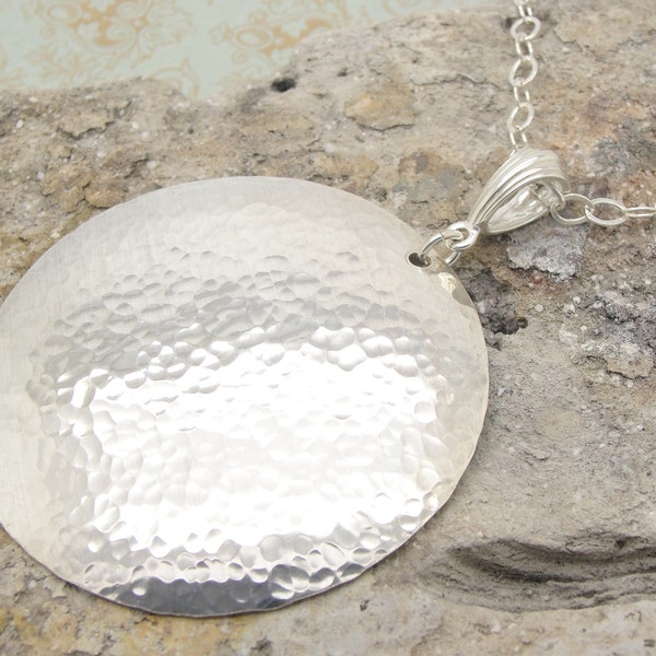 Extra Large Sterling Silver 2 Inch Disc Necklace with Chain and Hammered Finish in Solid 925