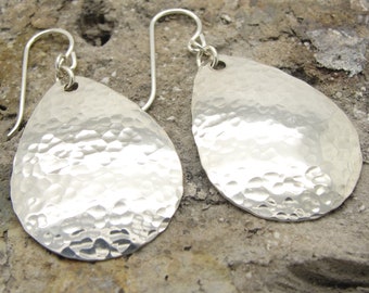 Medium Large Hammered 1 3/4 Inch Teardrop Earrings in Sterling Silver