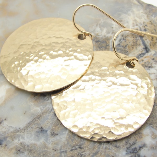 Medium Domed Circle Gold Filled Hammered Disc Earrings in 1 Inch Diameter Size and 1 1/4 Inch Long that are Connected Directly to Earwires