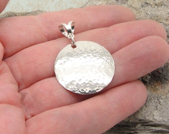 Medium Hammered Sterling Silver Disc Pendant in 1 inch diameter and 1 1/2 Inch Length with Bail and No Chain