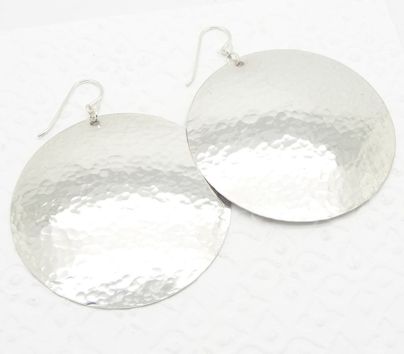 Extra Large Disc Earrings in Hammered Sterling Silver in 2 Inch Diameter Size image 6