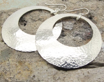 Extra Large Peephole Earrings in Hammered Sterling Silver Discs in 2 Inch Diameter Size and the Go Go Style