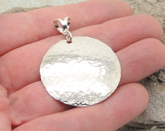 Medium Large Disc Pendant in Hammered Sterling Silver in 1 1/4 Inch Diameter and 1 3/4 Inch Length with Bail and No Chain