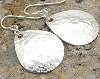 Medium Small Sterling Silver 1 Inch Teardrop Earrings in Solid 925 with Hammered Texture