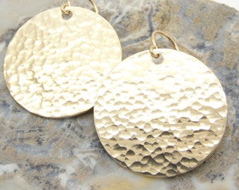 Medium Flat Circle Gold Filled Hammered Disc Earrings in 1 Inch Diameter Size and 1 1/4 Inch Long that are Connected Directly to Earwires