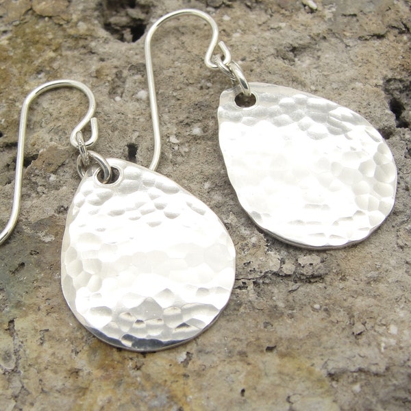 Small Hammered Teardrop Earring in Sterling Silver and 1-1/4 Inch Long Size