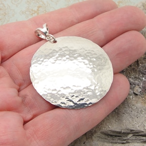 Large Disc Pendant in Hammered Sterling Silver in the 1 1/2 Inch Diameter and 2 Inch Long Size Plus Bail and No Chain
