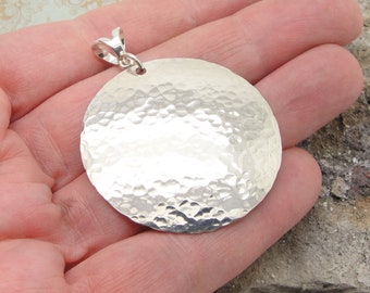 Large Disc Pendant in Hammered Sterling Silver in the 1 1/2 Inch Diameter and 2 Inch Long Size Plus Bail and No Chain