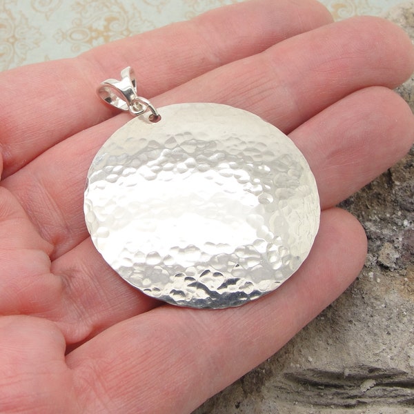 Large Disc Pendant in Hammered Sterling Silver in the 1 1/2 Inch Diameter and 2 Inch Long Size Plus Bail and No Chain