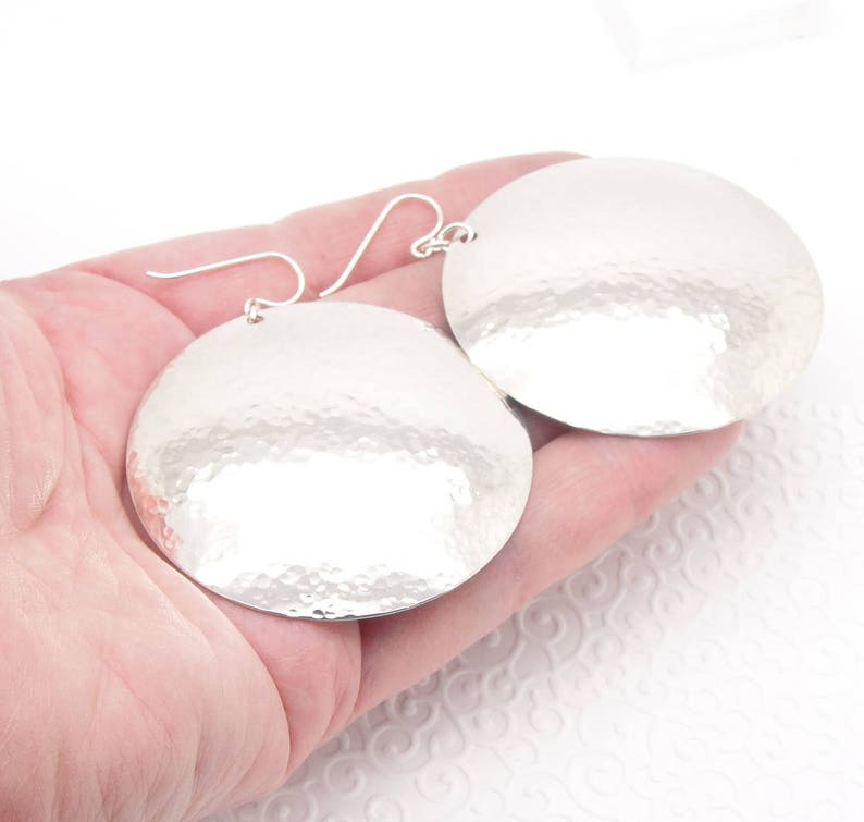 Extra Large Disc Earrings in Hammered Sterling Silver in 2 Inch Diameter Size image 5