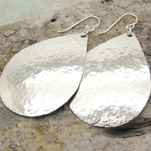 Extra Large Sterling Silver Teardrop Earrings in Hammered Finish in a 2 1/4" Inch Long Big, Bold Size by Cloud Cap Jewelry